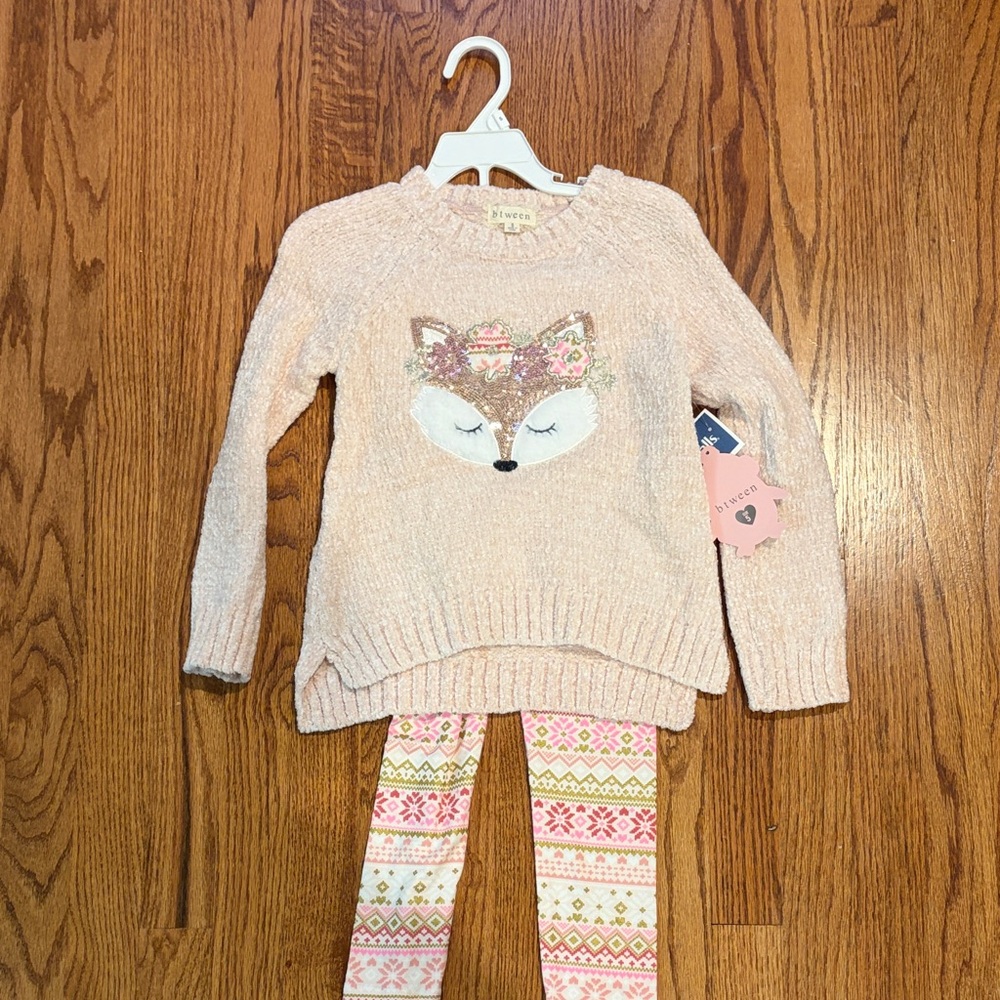 Super Soft Pink Fox Sweater and Patterned Leggings Set